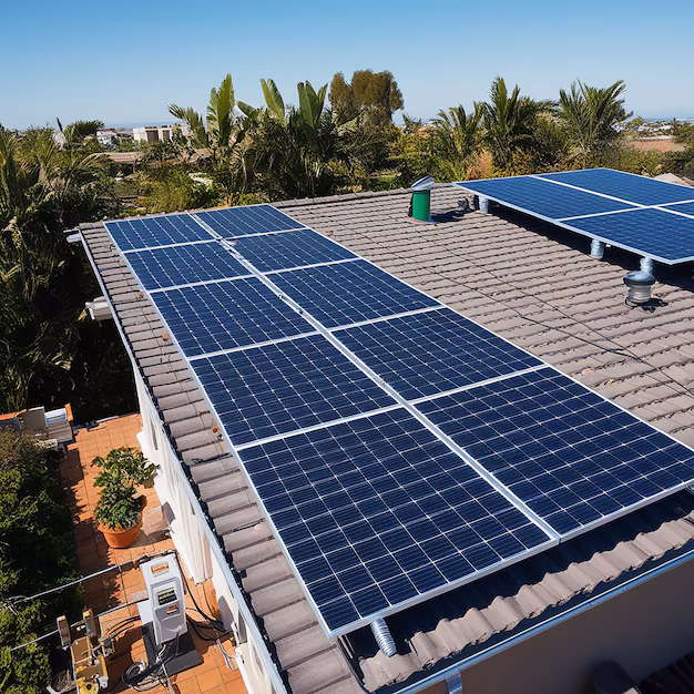Painéis solares fotovoltaicos instalados em telhado